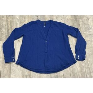 Free People Blue Crinkle Gauze Long Sleeve Tunic Top Blouse V-neck Boho Size S